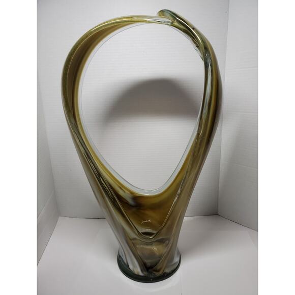 Vtg Hand Blown Pulled Glass Gold Wht Swirl Basket Vase Murano Style Large 20 in
